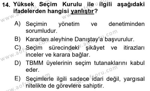 Türk Anayasa Hukuku Dersi 2022 - 2023 Yılı Yaz Okulu Sınavı 14. Soru