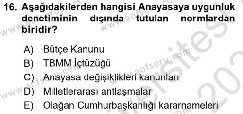 Türk Anayasa Hukuku Dersi 2022 - 2023 Yılı Yaz Okulu Sınavı 16. Soru