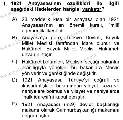 Türk Anayasa Hukuku Dersi 2023 - 2024 Yılı (Vize) Ara Sınavı 1. Soru