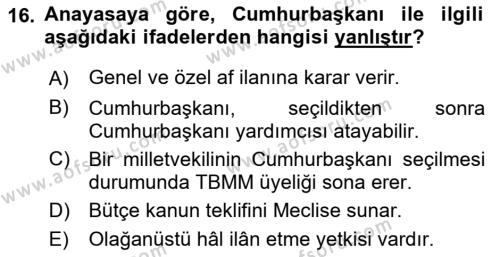 Türk Anayasa Hukuku Dersi 2023 - 2024 Yılı (Vize) Ara Sınavı 16. Soru