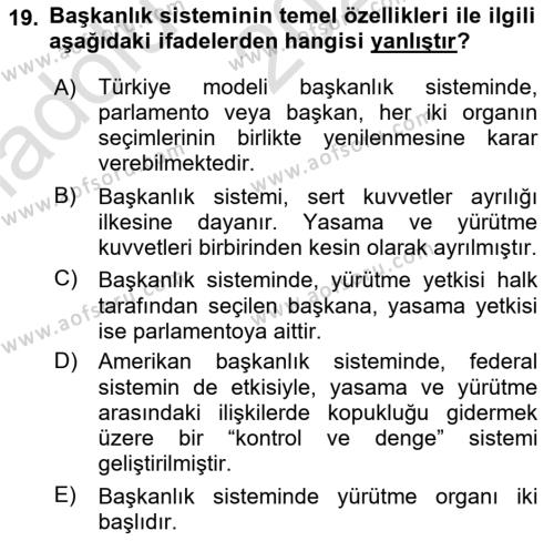 Türk Anayasa Hukuku Dersi 2023 - 2024 Yılı (Vize) Ara Sınavı 19. Soru