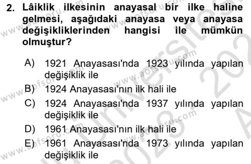 Türk Anayasa Hukuku Dersi 2023 - 2024 Yılı (Vize) Ara Sınavı 2. Soru