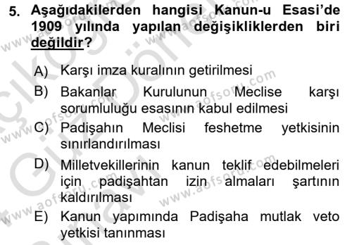 Türk Anayasa Hukuku Dersi 2023 - 2024 Yılı (Vize) Ara Sınavı 5. Soru