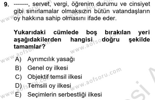 Türk Anayasa Hukuku Dersi 2023 - 2024 Yılı (Vize) Ara Sınavı 9. Soru