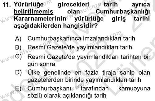 Türk Anayasa Hukuku Dersi 2023 - 2024 Yılı (Final) Dönem Sonu Sınavı 11. Soru