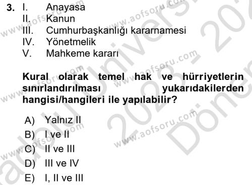 Türk Anayasa Hukuku Dersi 2023 - 2024 Yılı (Final) Dönem Sonu Sınavı 3. Soru