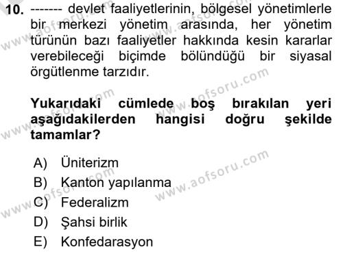 Türk Anayasa Hukuku Dersi 2024 - 2025 Yılı (Vize) Ara Sınavı 10. Soru