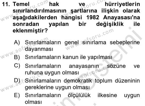 Türk Anayasa Hukuku Dersi 2024 - 2025 Yılı (Vize) Ara Sınavı 11. Soru