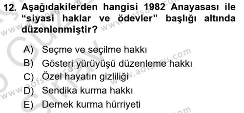 Türk Anayasa Hukuku Dersi 2024 - 2025 Yılı (Vize) Ara Sınavı 12. Soru