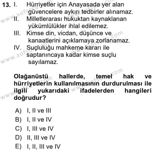 Türk Anayasa Hukuku Dersi 2024 - 2025 Yılı (Vize) Ara Sınavı 13. Soru