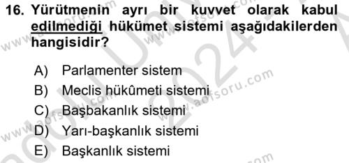 Türk Anayasa Hukuku Dersi 2024 - 2025 Yılı (Vize) Ara Sınavı 16. Soru