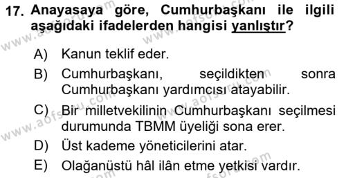 Türk Anayasa Hukuku Dersi 2024 - 2025 Yılı (Vize) Ara Sınavı 17. Soru