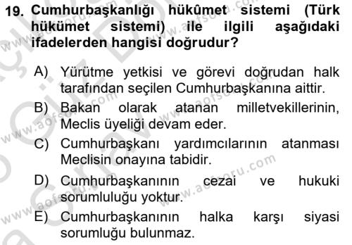 Türk Anayasa Hukuku Dersi 2024 - 2025 Yılı (Vize) Ara Sınavı 19. Soru