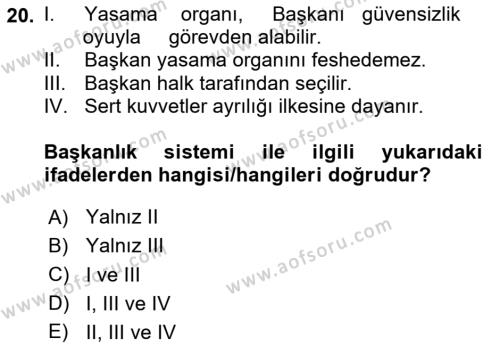 Türk Anayasa Hukuku Dersi 2024 - 2025 Yılı (Vize) Ara Sınavı 20. Soru