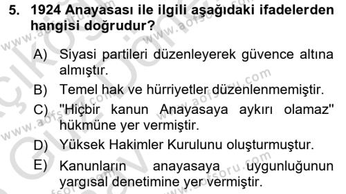 Türk Anayasa Hukuku Dersi 2024 - 2025 Yılı (Vize) Ara Sınavı 5. Soru