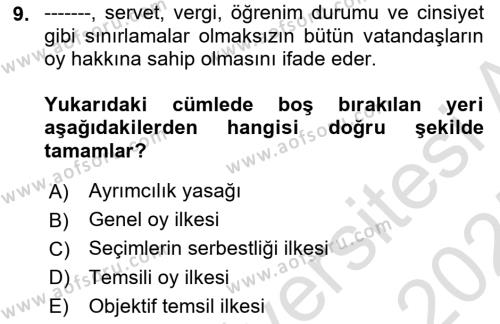 Türk Anayasa Hukuku Dersi 2024 - 2025 Yılı (Vize) Ara Sınavı 9. Soru