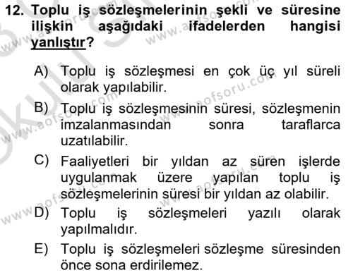 İş Ve Sosyal Güvenlik Hukuku Dersi 2022 - 2023 Yılı Yaz Okulu Sınavı 12. Soru