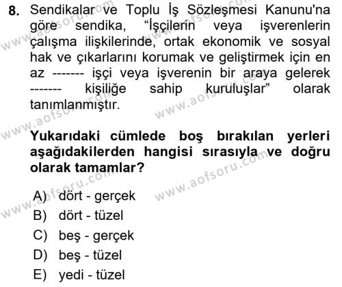 İş Ve Sosyal Güvenlik Hukuku Dersi 2023 - 2024 Yılı (Final) Dönem Sonu Sınavı 8. Soru