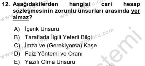 Muhasebe ve Hukuk Dersi 2020 - 2021 Yılı Yaz Okulu Sınavı 12. Soru