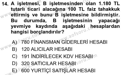 Muhasebe ve Hukuk Dersi 2020 - 2021 Yılı Yaz Okulu Sınavı 14. Soru