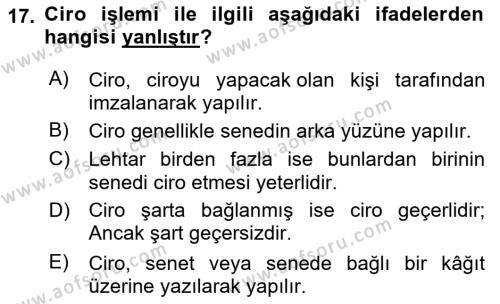 Muhasebe ve Hukuk Dersi 2021 - 2022 Yılı Yaz Okulu Sınavı 17. Soru