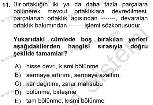 Muhasebe ve Hukuk Dersi 2022 - 2023 Yılı (Final) Dönem Sonu Sınavı 11. Soru