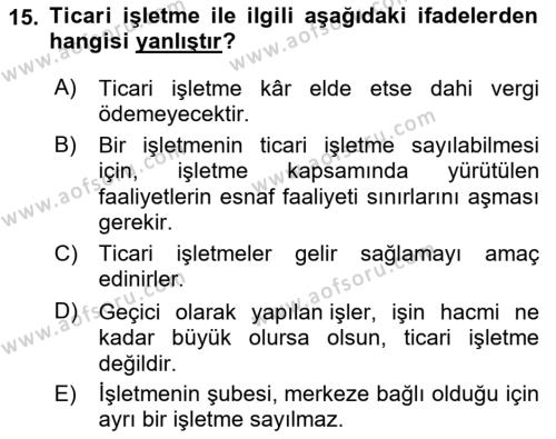 Muhasebe ve Hukuk Dersi 2022 - 2023 Yılı (Final) Dönem Sonu Sınavı 15. Soru