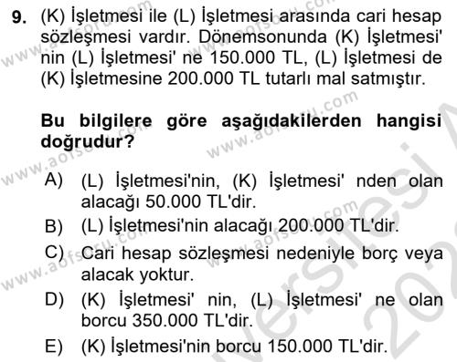 Muhasebe ve Hukuk Dersi 2022 - 2023 Yılı (Final) Dönem Sonu Sınavı 9. Soru