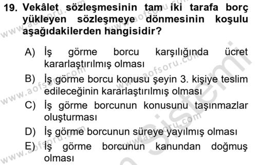 Borçlar Hukuku Dersi 2022 - 2023 Yılı (Final) Dönem Sonu Sınavı 19. Soru