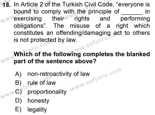 Introduction to Law Dersi 2023 - 2024 Yılı Yaz Okulu Sınavı 18. Soru