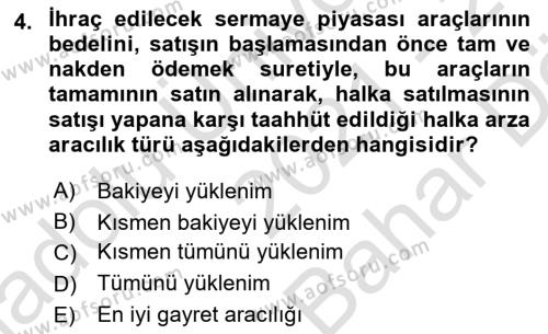 Sermaye Piyasası Hukuku Dersi 2021 - 2022 Yılı (Vize) Ara Sınavı 4. Soru