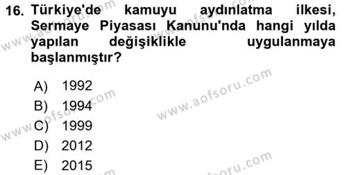 Sermaye Piyasası Hukuku Dersi 2022 - 2023 Yılı Yaz Okulu Sınavı 16. Soru