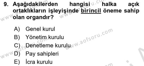 Sermaye Piyasası Hukuku Dersi 2022 - 2023 Yılı Yaz Okulu Sınavı 9. Soru