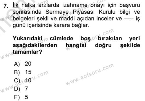 Sermaye Piyasası Hukuku Dersi 2023 - 2024 Yılı (Vize) Ara Sınavı 7. Soru