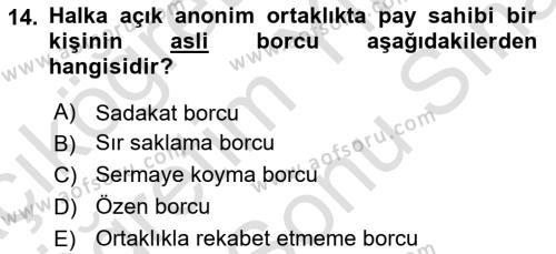 Sermaye Piyasası Hukuku Dersi 2023 - 2024 Yılı (Final) Dönem Sonu Sınavı 14. Soru