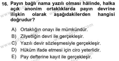 Sermaye Piyasası Hukuku Dersi 2023 - 2024 Yılı (Final) Dönem Sonu Sınavı 16. Soru