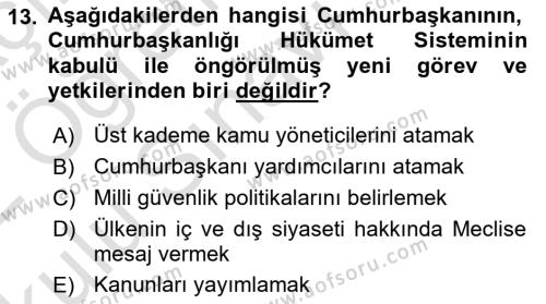 Anayasa 2 Dersi 2021 - 2022 Yılı Yaz Okulu Sınavı 13. Soru