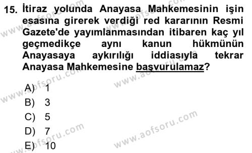 Anayasa 2 Dersi 2021 - 2022 Yılı Yaz Okulu Sınavı 15. Soru