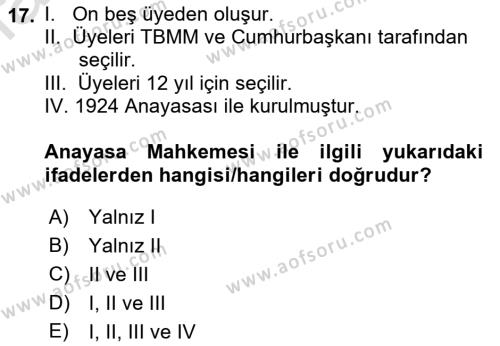 Anayasa 2 Dersi 2021 - 2022 Yılı Yaz Okulu Sınavı 17. Soru