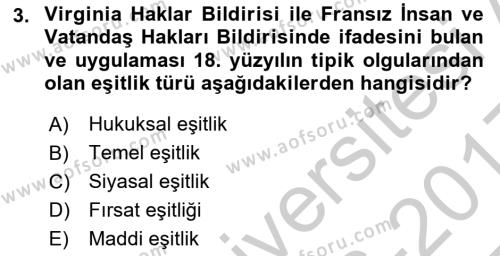 Temel İnsan Hakları Bilgisi 1 Dersi 2016 - 2017 Yılı 3 Ders Sınavı 3. Soru