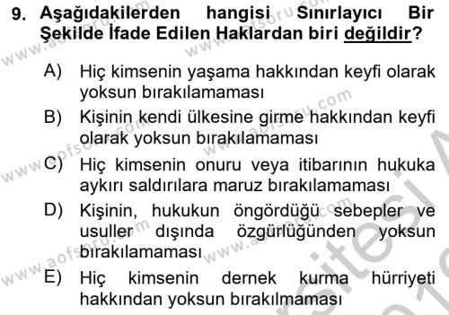 Temel İnsan Hakları Bilgisi 1 Dersi 2018 - 2019 Yılı Yaz Okulu Sınavı 9. Soru