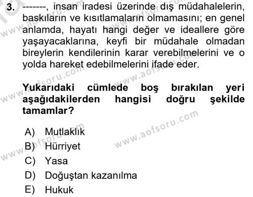 Temel İnsan Hakları Bilgisi 1 Dersi 2020 - 2021 Yılı Yaz Okulu Sınavı 3. Soru