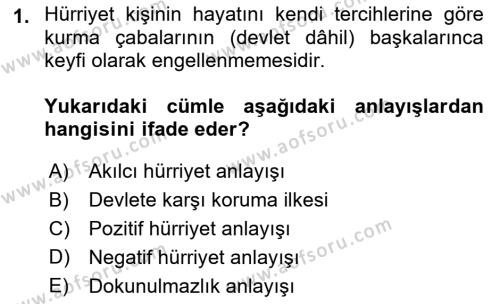 Temel İnsan Hakları Bilgisi 1 Dersi 2021 - 2022 Yılı Yaz Okulu Sınavı 1. Soru