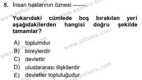 Temel İnsan Hakları Bilgisi 1 Dersi 2022 - 2023 Yılı (Vize) Ara Sınavı 5. Soru