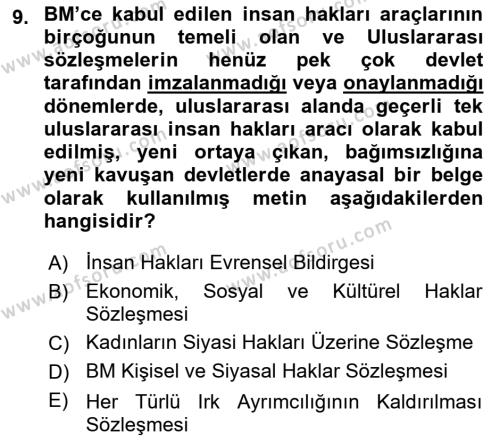 Temel İnsan Hakları Bilgisi 1 Dersi 2022 - 2023 Yılı (Vize) Ara Sınavı 9. Soru