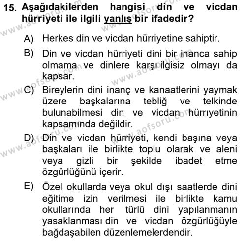 Temel İnsan Hakları Bilgisi 1 Dersi 2022 - 2023 Yılı (Final) Dönem Sonu Sınavı 15. Soru