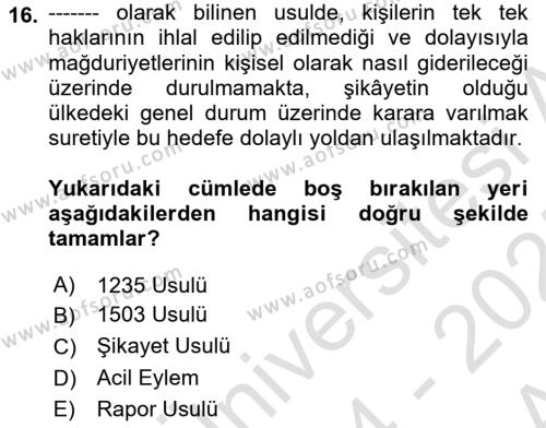 Temel İnsan Hakları Bilgisi 1 Dersi 2024 - 2025 Yılı (Vize) Ara Sınavı 16. Soru