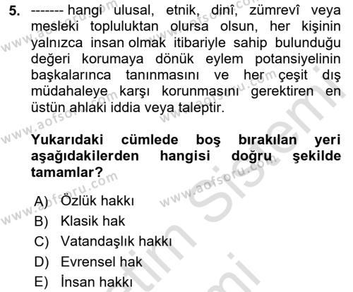 Temel İnsan Hakları Bilgisi 1 Dersi 2024 - 2025 Yılı (Vize) Ara Sınavı 5. Soru