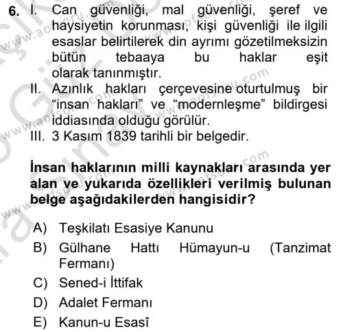 Temel İnsan Hakları Bilgisi 1 Dersi 2024 - 2025 Yılı (Vize) Ara Sınavı 6. Soru