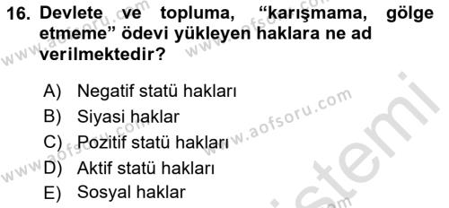 Anayasa Hukukuna Giriş Dersi 2022 - 2023 Yılı (Vize) Ara Sınavı 16. Soru